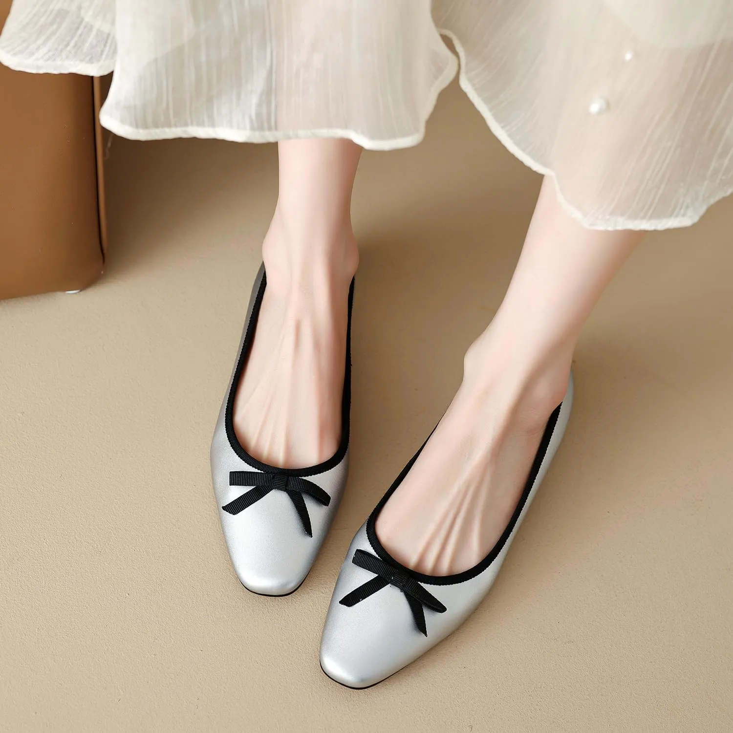 SHODENSE Women Satin Bow Flats Round Toe Slip On Ballet Flats Comfortable 1 inch Flat Heel Dress Shoes Slide in Bow Satin Flat Shoes Casual Wedding Bridal Flats Drive Street Retro 4-11 M US