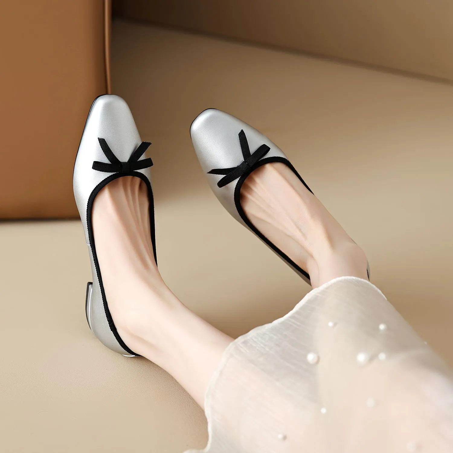 SHODENSE Women Satin Bow Flats Round Toe Slip On Ballet Flats Comfortable 1 inch Flat Heel Dress Shoes Slide in Bow Satin Flat Shoes Casual Wedding Bridal Flats Drive Street Retro 4-11 M US