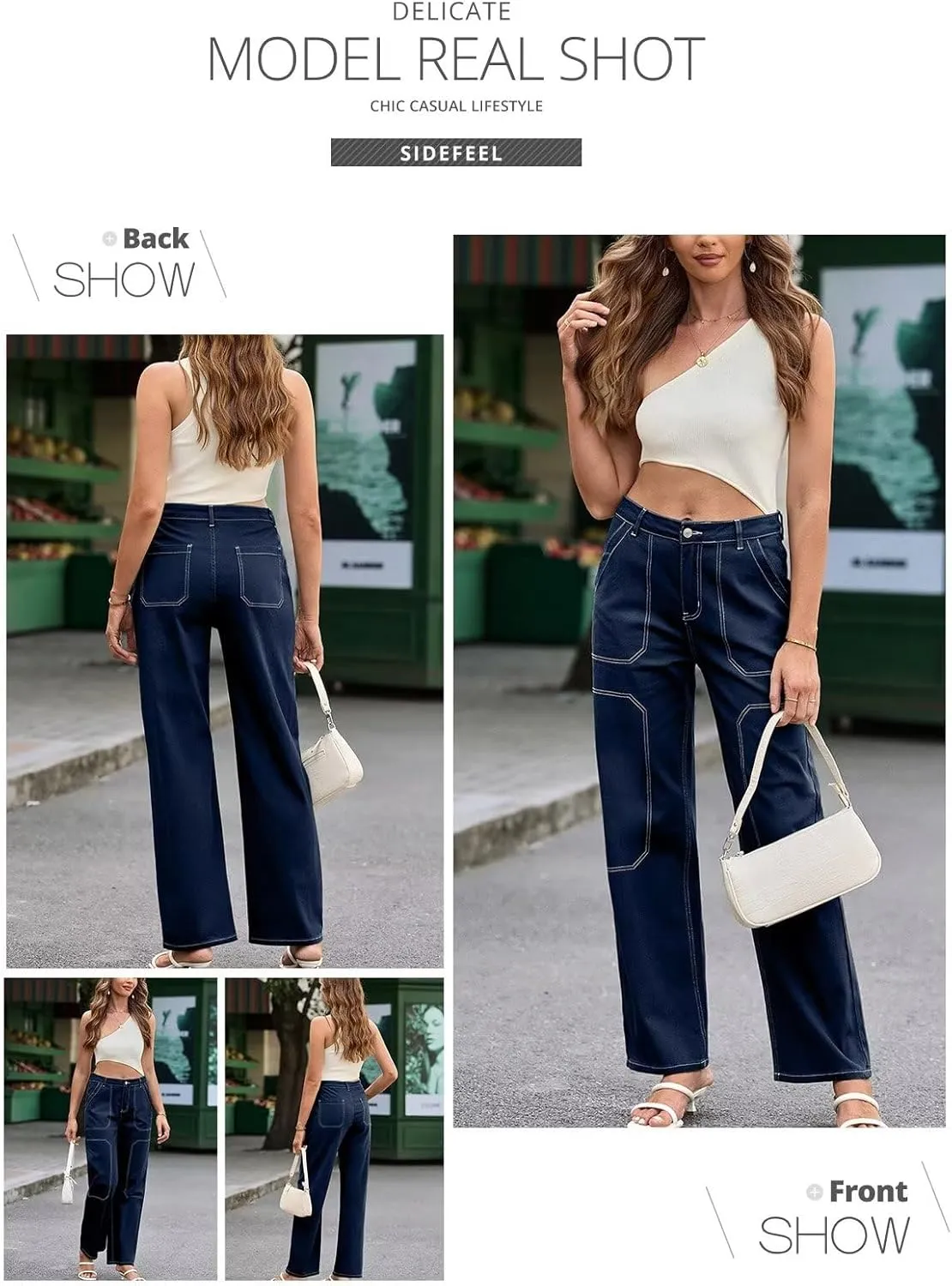Sidefeel Women's Cargo Jeans Casual Loose Mid Rise Wide Leg Denim Pants