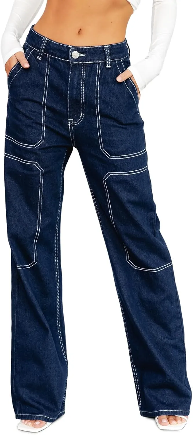 Sidefeel Women's Cargo Jeans Casual Loose Mid Rise Wide Leg Denim Pants