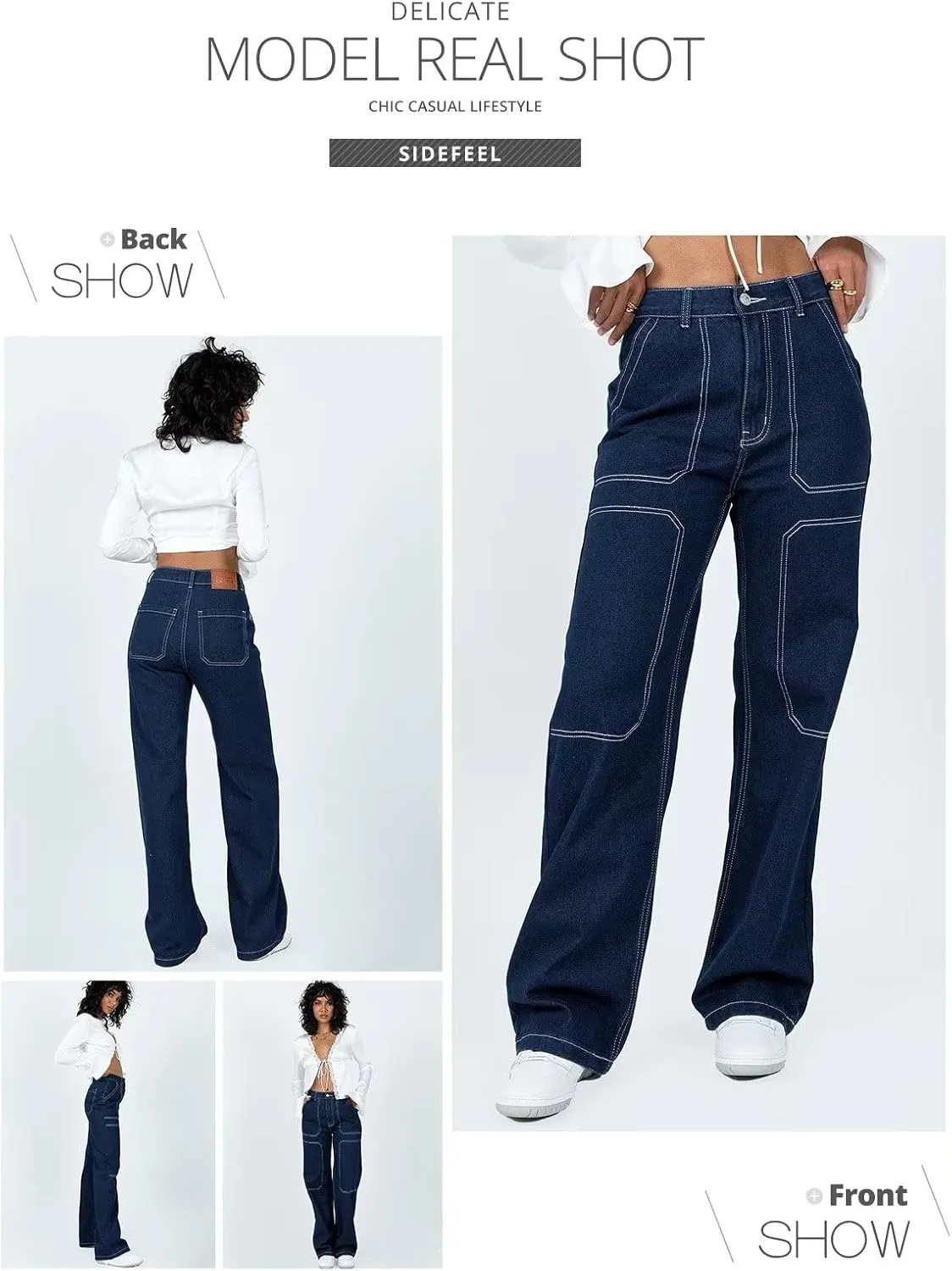 Sidefeel Women's Cargo Jeans Casual Loose Mid Rise Wide Leg Denim Pants