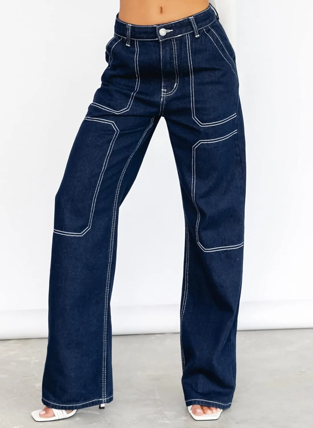 Sidefeel Women's Cargo Jeans Casual Loose Mid Rise Wide Leg Denim Pants