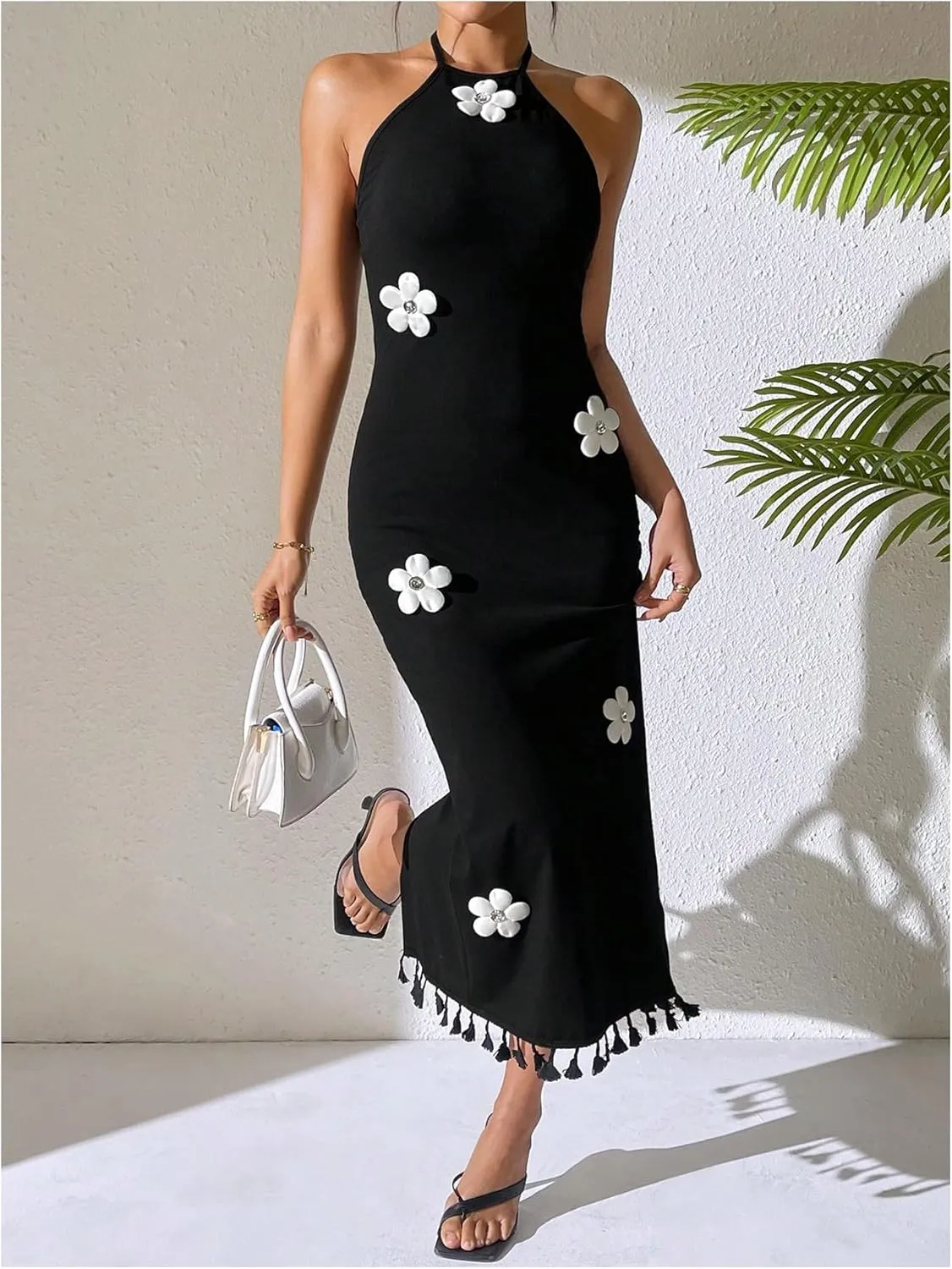 SOLY HUX Women's Sleeveless 3D Floral Bodycon Halter Long Dress Fringe Trim Sleeveless Vacation Party Dresses