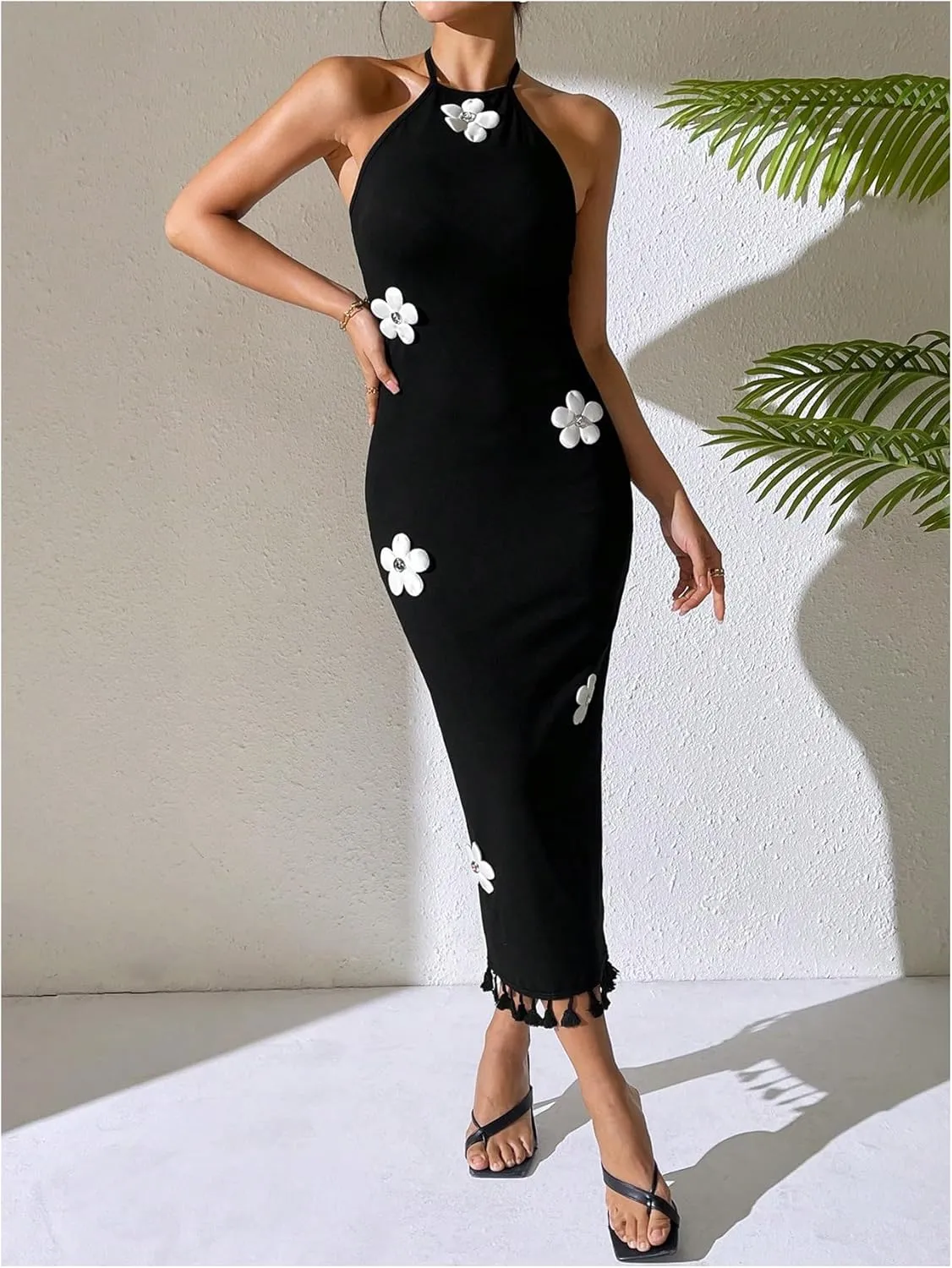 SOLY HUX Women's Sleeveless 3D Floral Bodycon Halter Long Dress Fringe Trim Sleeveless Vacation Party Dresses
