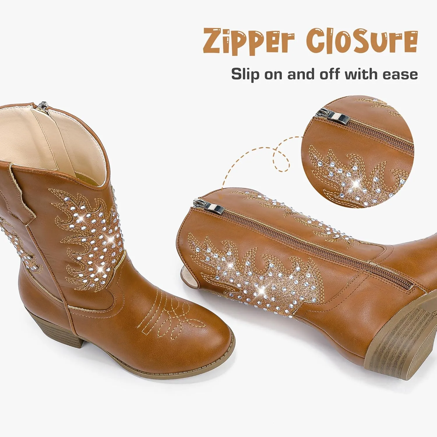 Sparkly Rhinestone Cowgirl Boots Toddler to Big Kids Mid Calf Zipper Low Heel Pointed Toes Party Birthday Dress Up