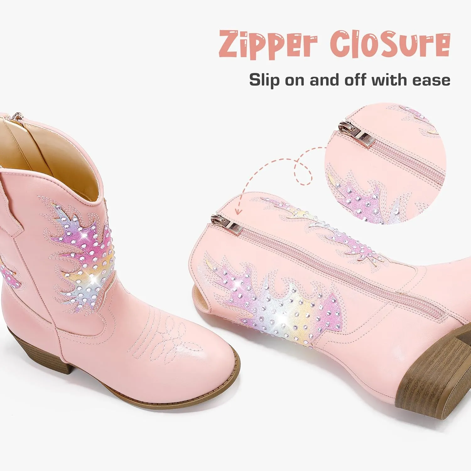 Sparkly Rhinestone Cowgirl Boots Toddler to Big Kids Mid Calf Zipper Low Heel Pointed Toes Party Birthday Dress Up