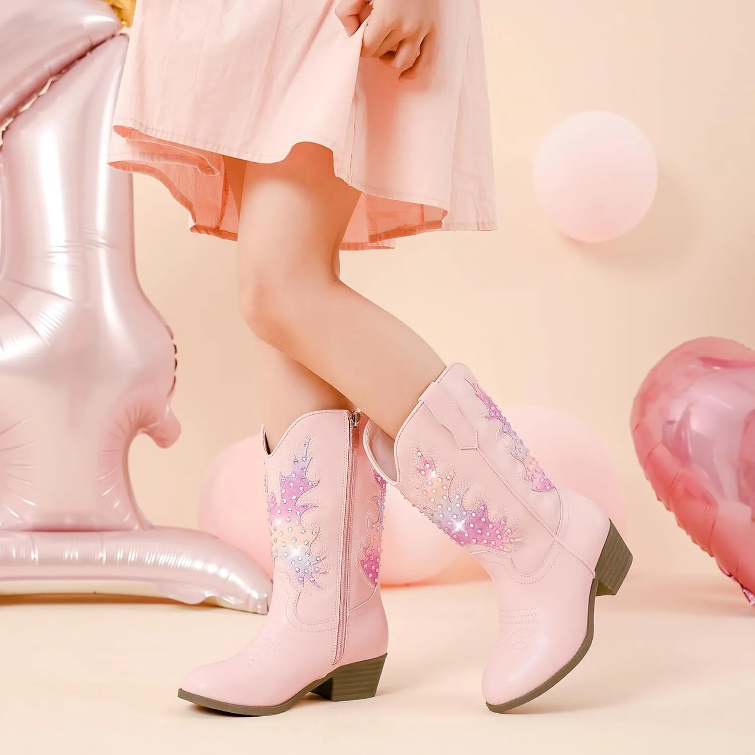 Sparkly Rhinestone Cowgirl Boots Toddler to Big Kids Mid Calf Zipper Low Heel Pointed Toes Party Birthday Dress Up