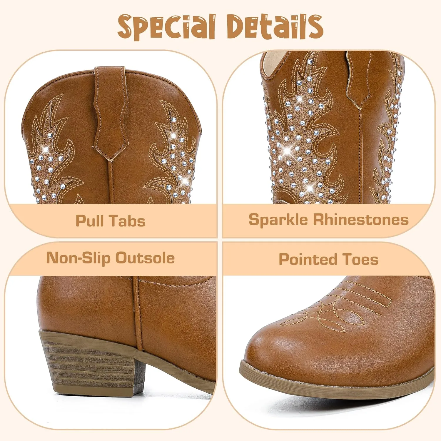 Sparkly Rhinestone Cowgirl Boots Toddler to Big Kids Mid Calf Zipper Low Heel Pointed Toes Party Birthday Dress Up
