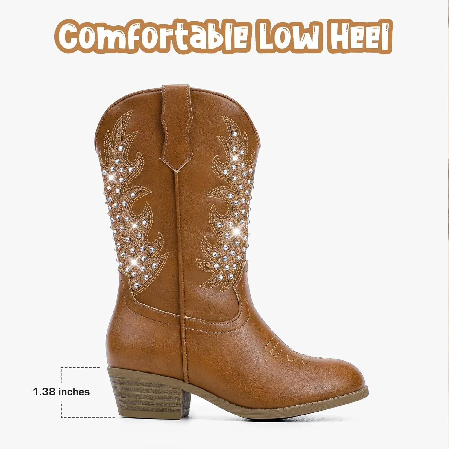 Sparkly Rhinestone Cowgirl Boots Toddler to Big Kids Mid Calf Zipper Low Heel Pointed Toes Party Birthday Dress Up