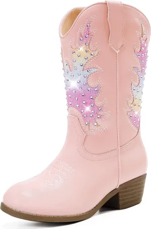 Sparkly Rhinestone Cowgirl Boots Toddler to Big Kids Mid Calf Zipper Low Heel Pointed Toes Party Birthday Dress Up