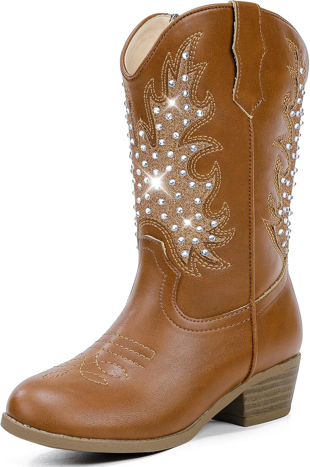 Sparkly Rhinestone Cowgirl Boots Toddler to Big Kids Mid Calf Zipper Low Heel Pointed Toes Party Birthday Dress Up