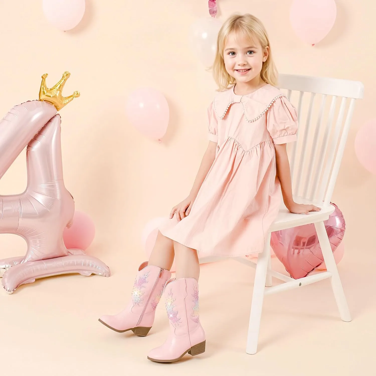 Sparkly Rhinestone Cowgirl Boots Toddler to Big Kids Mid Calf Zipper Low Heel Pointed Toes Party Birthday Dress Up