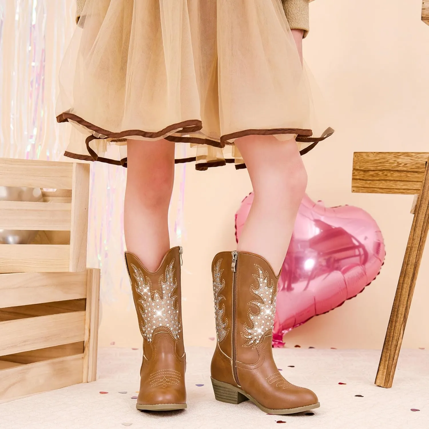 Sparkly Rhinestone Cowgirl Boots Toddler to Big Kids Mid Calf Zipper Low Heel Pointed Toes Party Birthday Dress Up