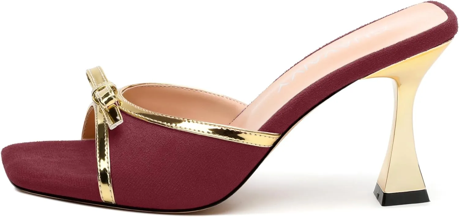 Square Toe Stilettos - Slip-On Heeled Sandals with Bow Accent, Dressy Work to Party Shoes for Women, Daily Occasion High Heels