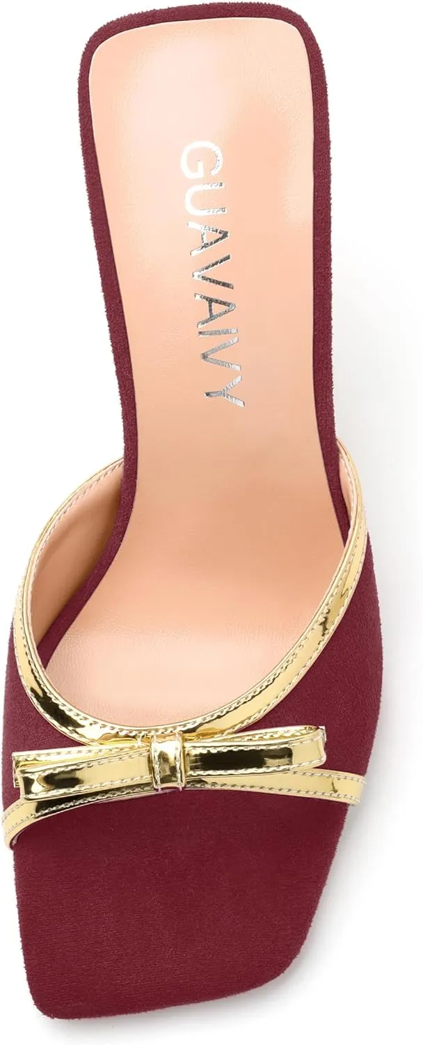 Square Toe Stilettos - Slip-On Heeled Sandals with Bow Accent, Dressy Work to Party Shoes for Women, Daily Occasion High Heels