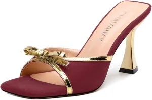 Square Toe Stilettos - Slip-On Heeled Sandals with Bow Accent, Dressy Work to Party Shoes for Women, Daily Occasion High Heels