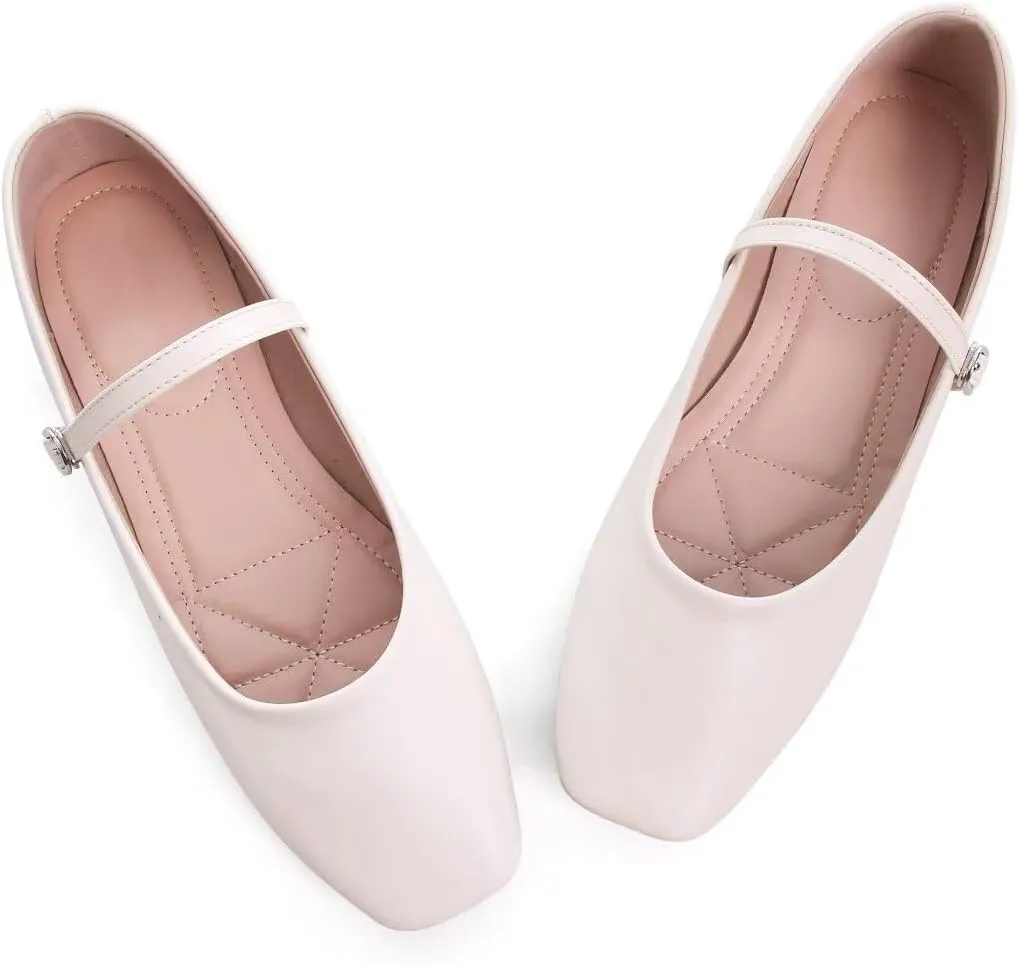 Stunner Mary Jane Square Toe Black Ballet Flats for Women - Comfortable Ankle Strap Casual Slip On Flats