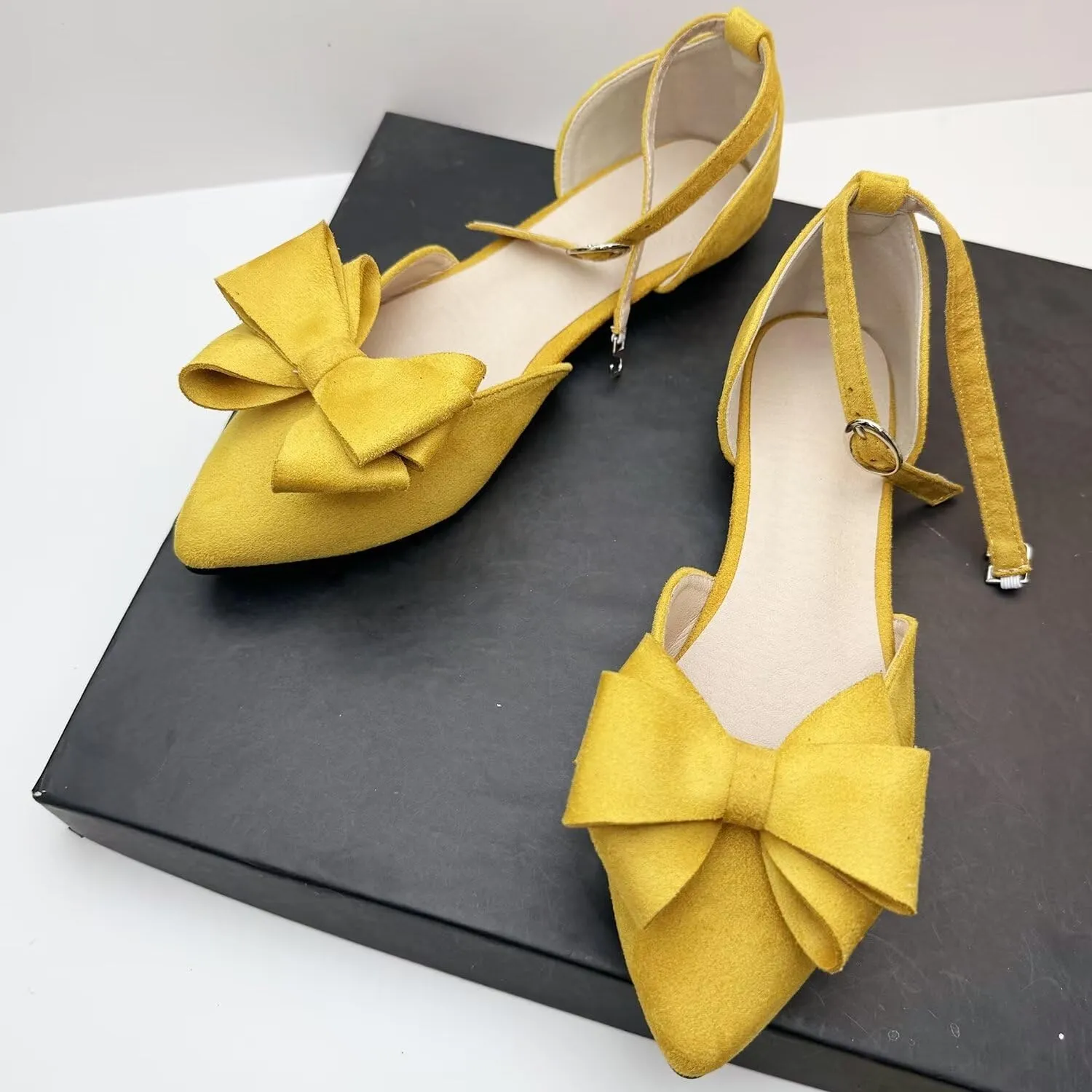 Stunner Women Summer Ankle Buckle Bowtie Mary Jane Flats Pointy Toe Dress Flat Shoes
