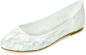 TarfiC Bridal 9872-19 Women's Wedding Shoes Peep Toe Flat Heel Satin Flats with Slip On Lace Flower Bridal Shoes