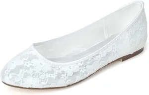 TarfiC Bridal 9872-19 Women's Wedding Shoes Peep Toe Flat Heel Satin Flats with Slip On Lace Flower Bridal Shoes