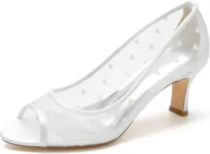 TarfiC Heel Shoes for Women Round Toe Sandals Mary Jane Lace Ivory Satin Slip On Dress Pumps Evening Prom Wedding Shoes