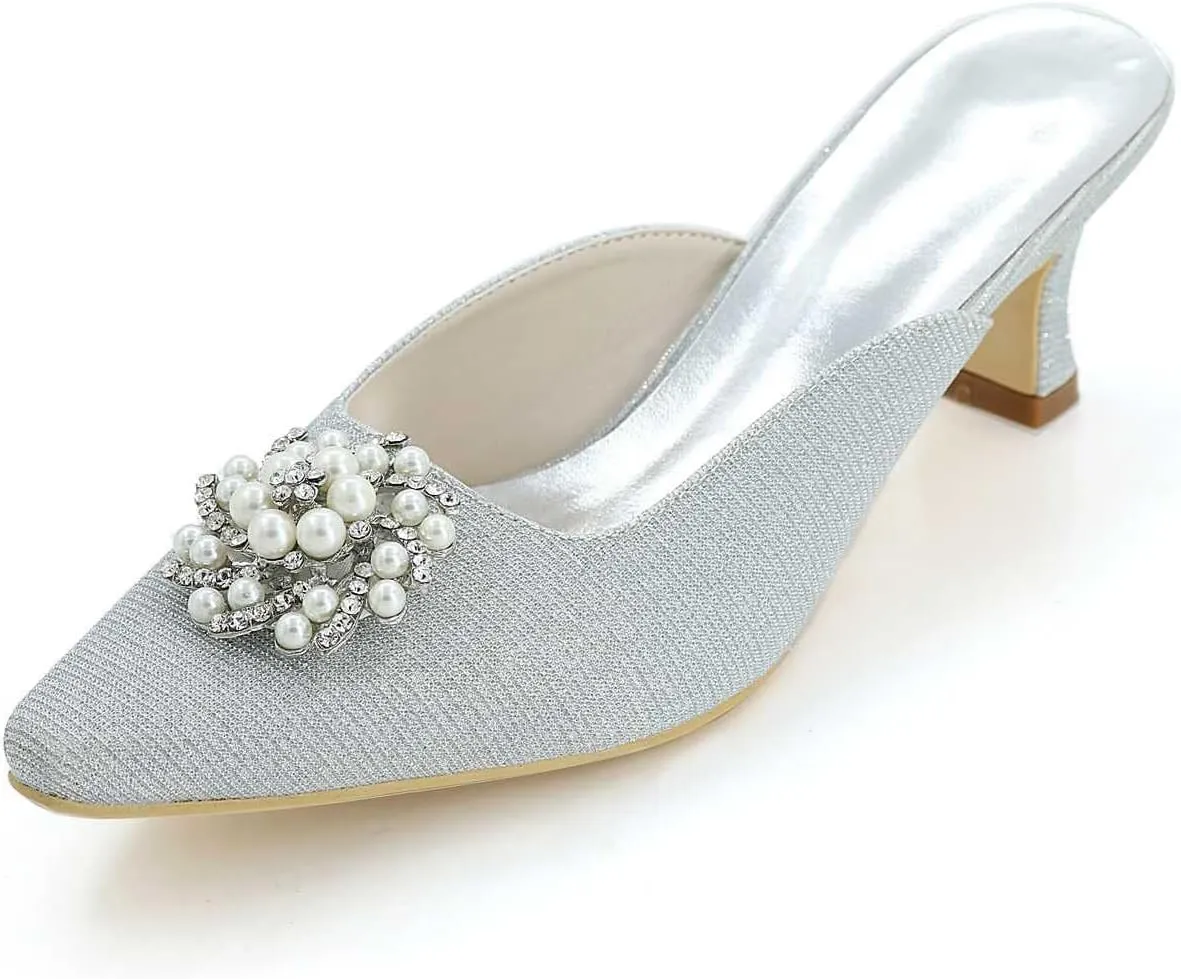 TarfiC High Heels Sandals for Women Breathable Rhinestone Slip on Sandals Frosted Closed Toe Kitten Heels Wedding Party Pumps Shoes
