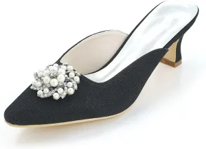 TarfiC High Heels Sandals for Women Breathable Rhinestone Slip on Sandals Frosted Closed Toe Kitten Heels Wedding Party Pumps Shoes