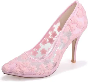 TarfiC Ivory Lace Mesh Satin Bridal Wedding Shoes for Women Comfortable Mid Heel Slip On Ankle Strap Pointy Toe Pumps