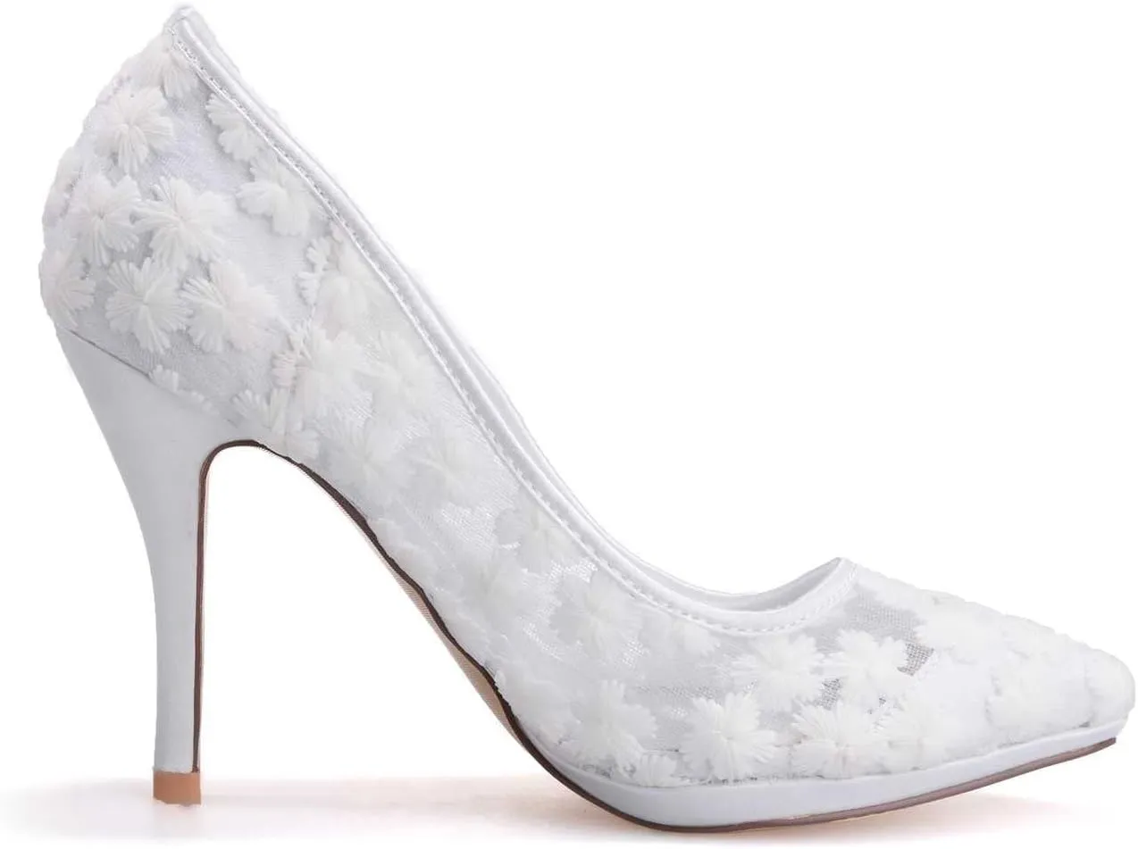 TarfiC Ivory Lace Mesh Satin Bridal Wedding Shoes for Women Comfortable Mid Heel Slip On Ankle Strap Pointy Toe Pumps