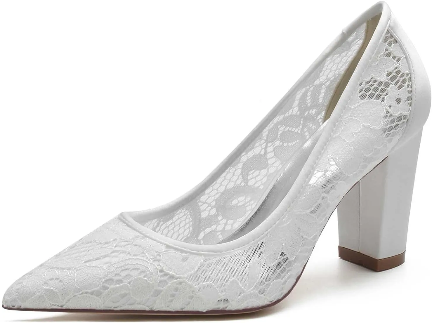 TarfiC Ivory Wedding Shoes,Lace Women Satin High Heels Dress Chunky Heel Slip On Mary Jane Pointed Toe Bride/3.34 inches Heel