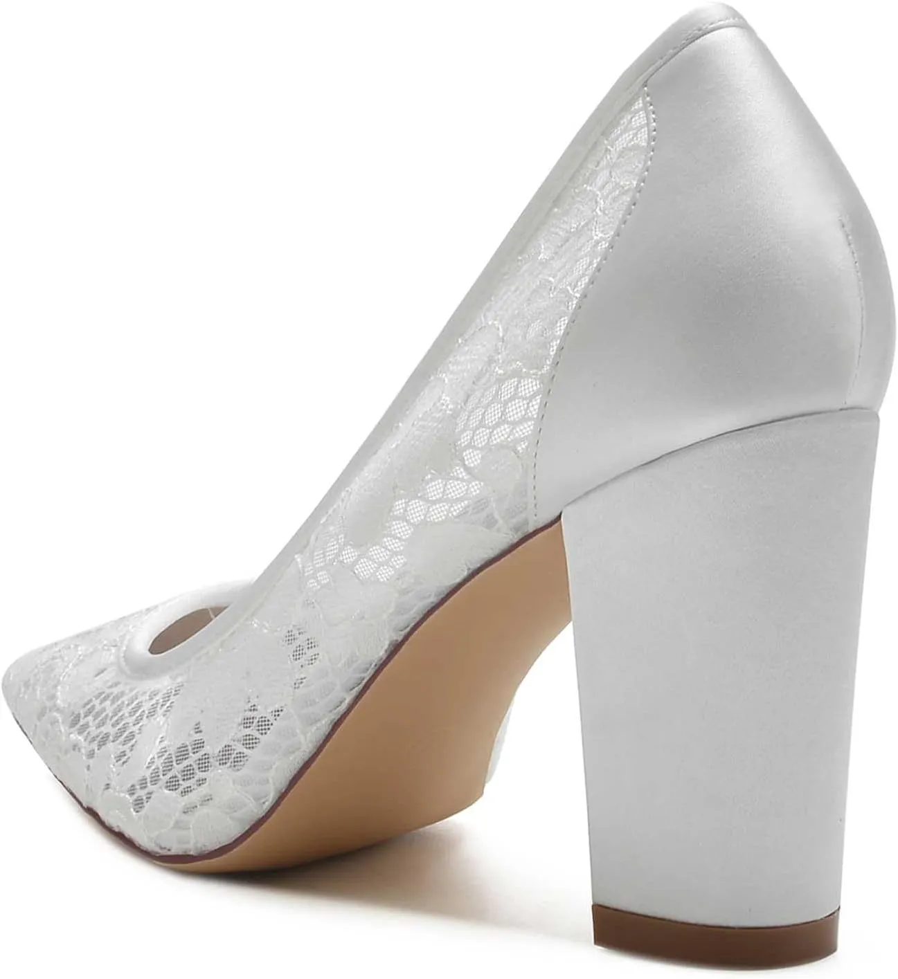 TarfiC Ivory Wedding Shoes,Lace Women Satin High Heels Dress Chunky Heel Slip On Mary Jane Pointed Toe Bride/3.34 inches Heel