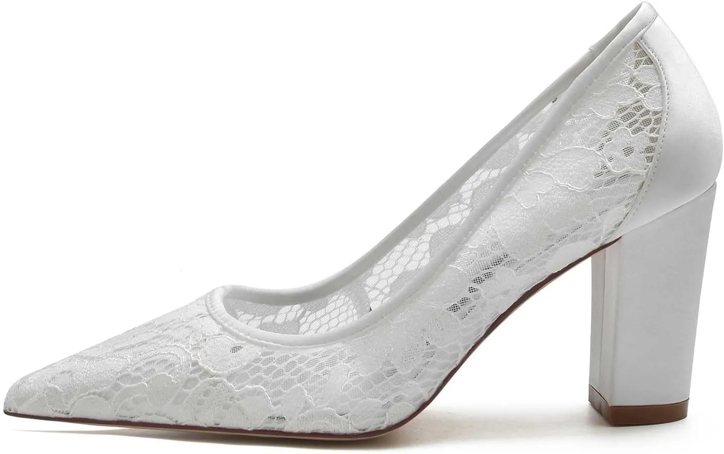 TarfiC Ivory Wedding Shoes,Lace Women Satin High Heels Dress Chunky Heel Slip On Mary Jane Pointed Toe Bride/3.34 inches Heel