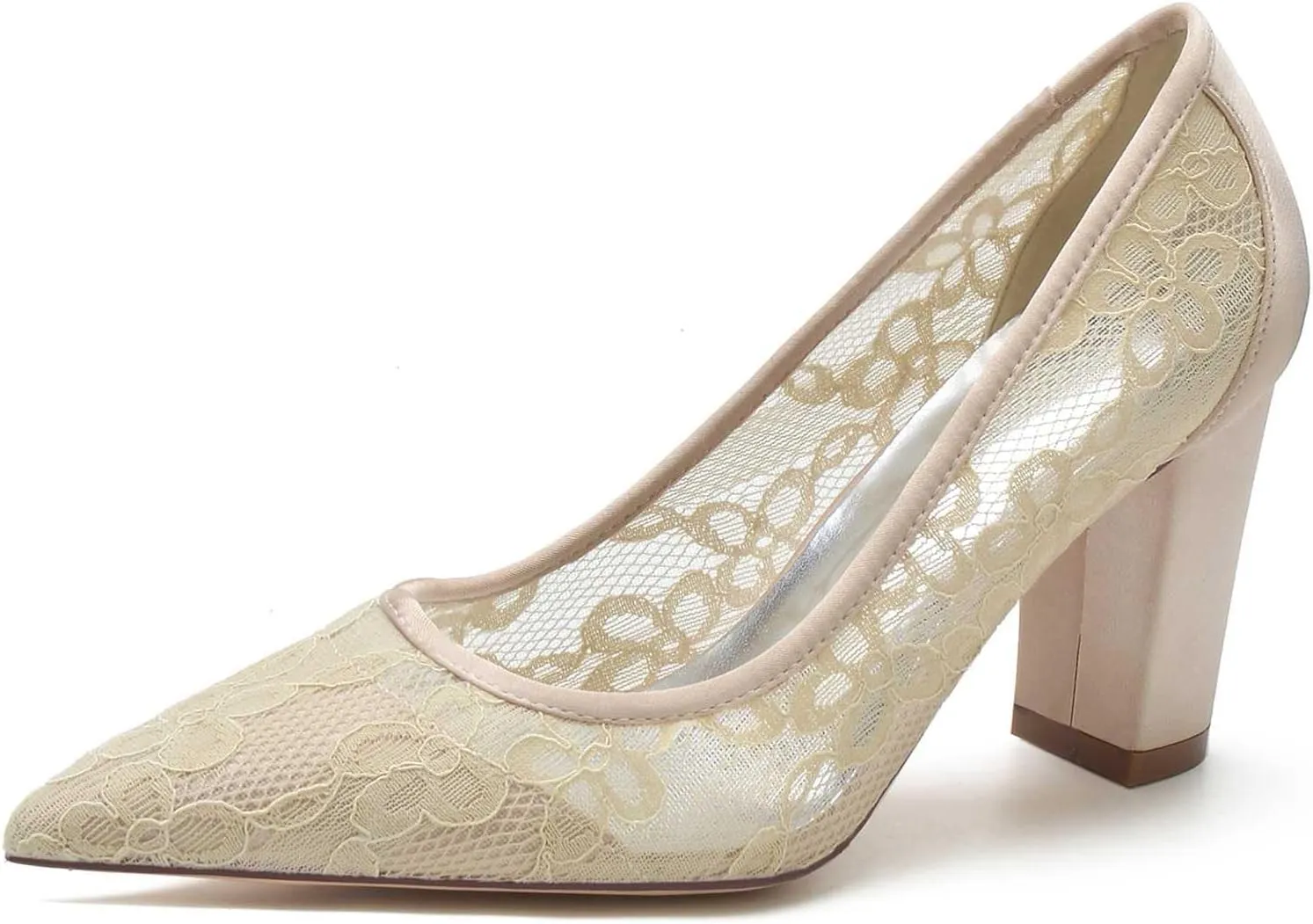 TarfiC Ivory Wedding Shoes,Lace Women Satin High Heels Dress Chunky Heel Slip On Mary Jane Pointed Toe Bride/3.34 inches Heel