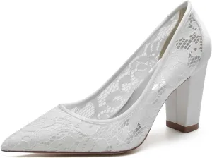 TarfiC Ivory Wedding Shoes,Lace Women Satin High Heels Dress Chunky Heel Slip On Mary Jane Pointed Toe Bride/3.34 inches Heel