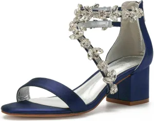 TarfiC Open Toe Heels for Women -Black Nude Gold Silver Rhinestones Zipper Heels Low Block Chunky Women Pumps with Ankle Strap -2.16 Inch