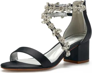 TarfiC Open Toe Heels for Women -Black Nude Gold Silver Rhinestones Zipper Heels Low Block Chunky Women Pumps with Ankle Strap -2.16 Inch