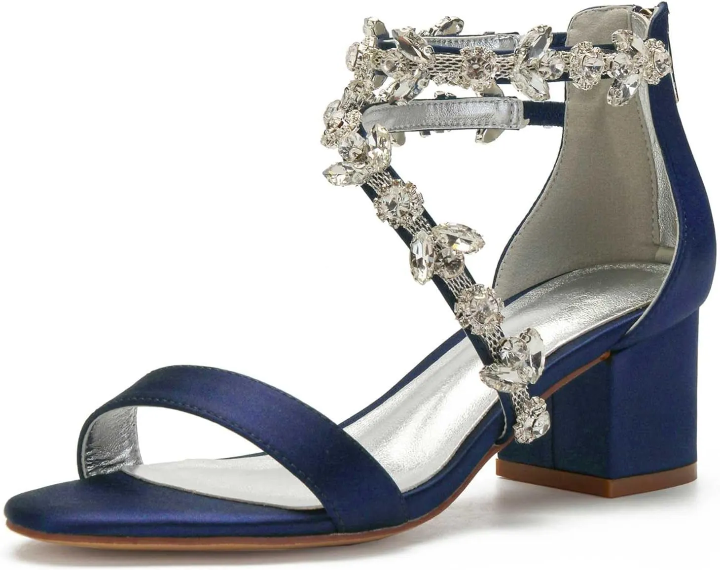 TarfiC Open Toe Heels for Women -Black Nude Gold Silver Rhinestones Zipper Heels Low Block Chunky Women Pumps with Ankle Strap -2.16 Inch