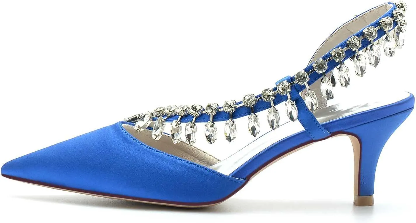 TarfiC Pointed Toe Kitten Heel Rhinestone Satin Wedding Shoes for Bride High Heels Slip on Bridal Shoes for Women Satin Heels Prom Party Shoes
