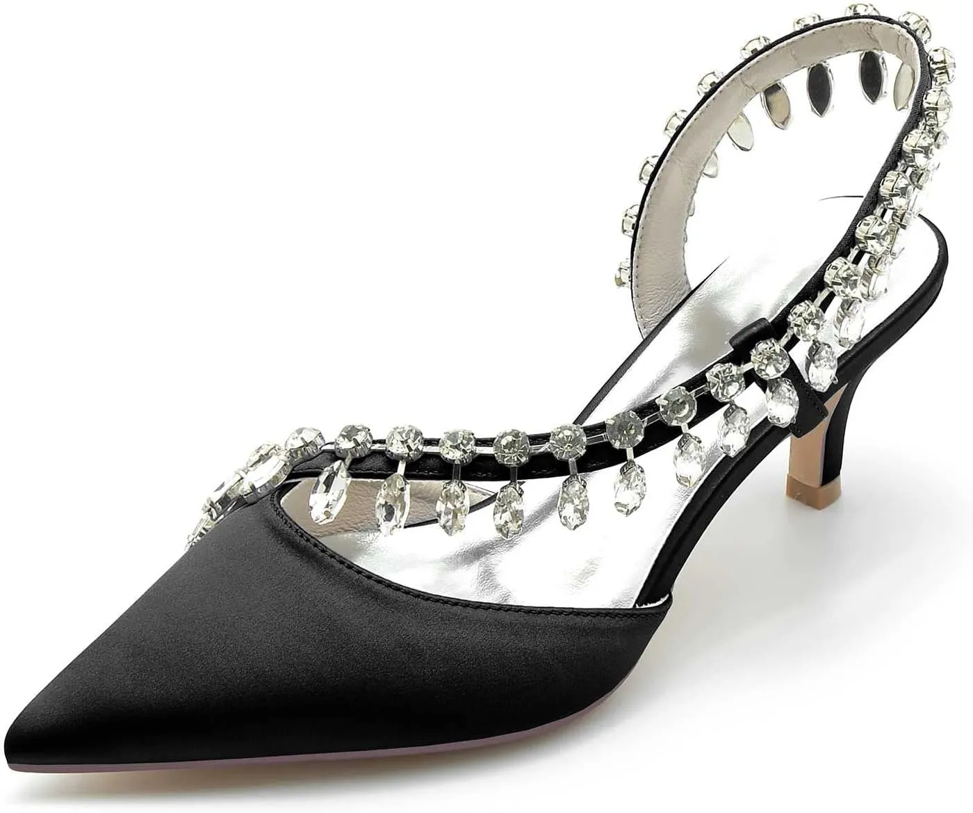 TarfiC Pointed Toe Kitten Heel Rhinestone Satin Wedding Shoes for Bride High Heels Slip on Bridal Shoes for Women Satin Heels Prom Party Shoes