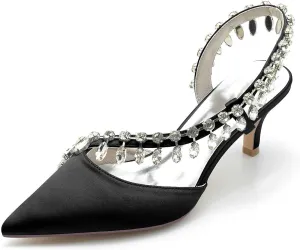 TarfiC Pointed Toe Kitten Heel Rhinestone Satin Wedding Shoes for Bride High Heels Slip on Bridal Shoes for Women Satin Heels Prom Party Shoes
