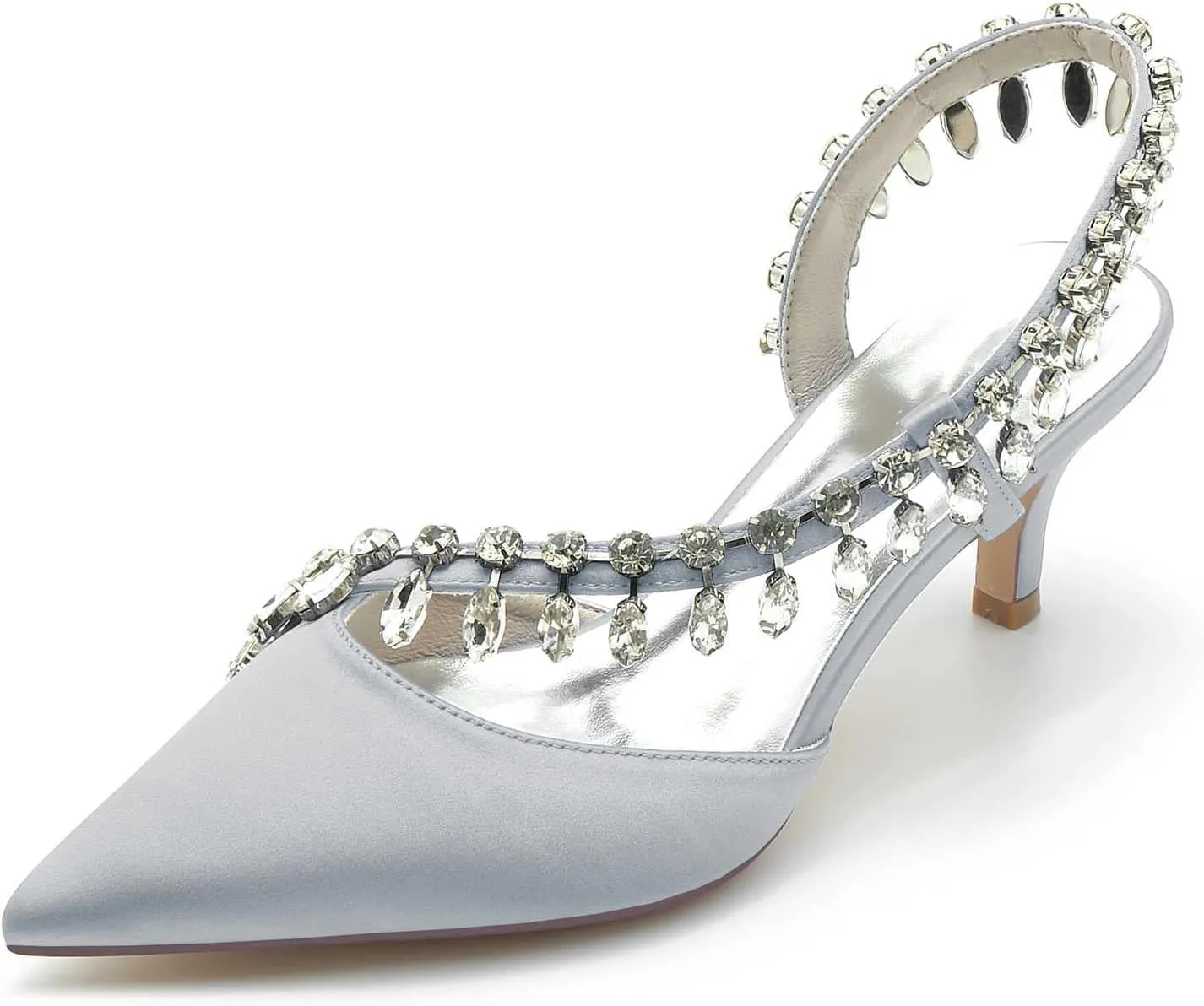 TarfiC Pointed Toe Kitten Heel Rhinestone Satin Wedding Shoes for Bride High Heels Slip on Bridal Shoes for Women Satin Heels Prom Party Shoes