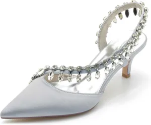 TarfiC Pointed Toe Kitten Heel Rhinestone Satin Wedding Shoes for Bride High Heels Slip on Bridal Shoes for Women Satin Heels Prom Party Shoes