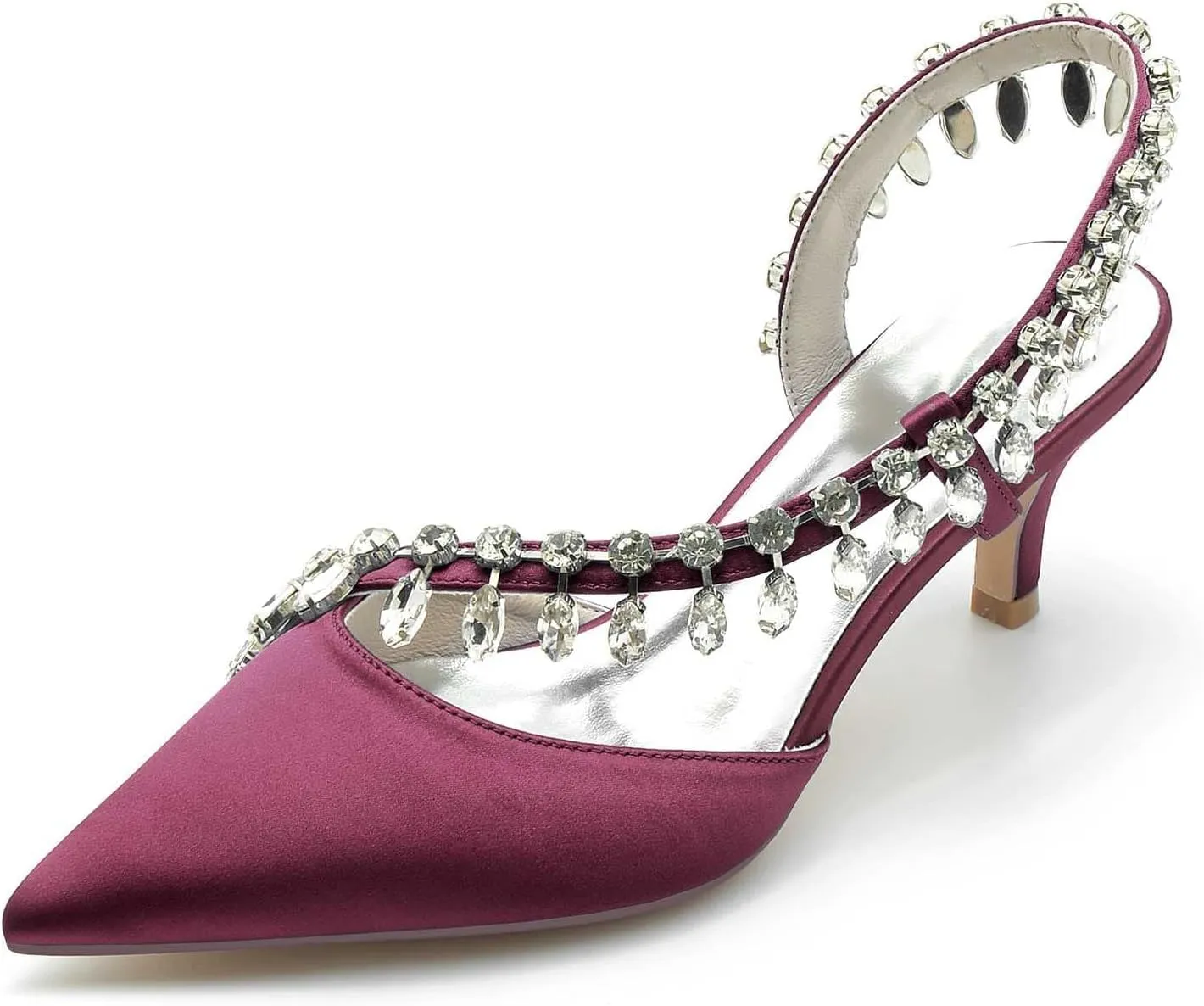 TarfiC Pointed Toe Kitten Heel Rhinestone Satin Wedding Shoes for Bride High Heels Slip on Bridal Shoes for Women Satin Heels Prom Party Shoes