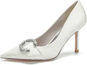 TarfiC Satin Wedding Shoes Closed Toe Slip On Rhinestone Bridal Shoes Women Mary Jane Low Heels Pumps Wedding Dress Shoes