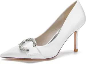 TarfiC Satin Wedding Shoes Closed Toe Slip On Rhinestone Bridal Shoes Women Mary Jane Low Heels Pumps Wedding Dress Shoes
