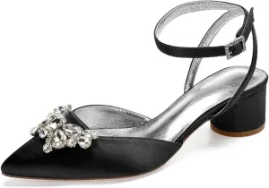 TarfiC Wedding Shoes for Bride Low Heel Women Bridal Shoes Closed Toe Rhinestones Pointed Toe Block Heels Buckle Satin Wedding Bridal Court Shoes