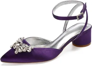 TarfiC Wedding Shoes for Bride Low Heel Women Bridal Shoes Closed Toe Rhinestones Pointed Toe Block Heels Buckle Satin Wedding Bridal Court Shoes