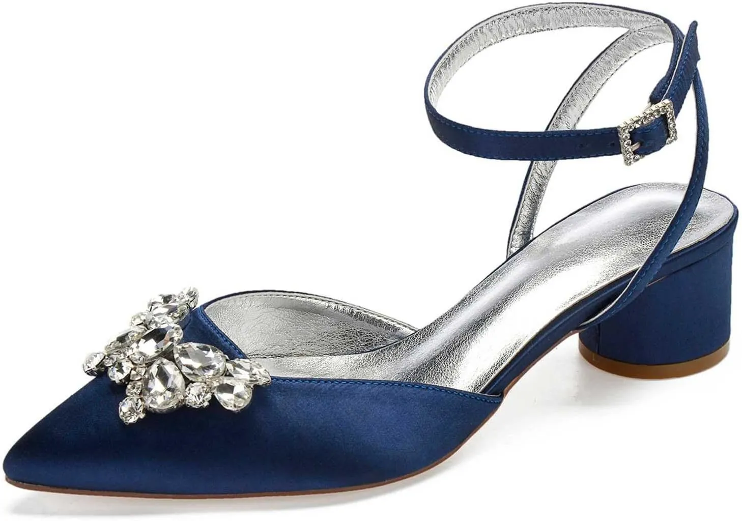 TarfiC Wedding Shoes for Bride Low Heel Women Bridal Shoes Closed Toe Rhinestones Pointed Toe Block Heels Buckle Satin Wedding Bridal Court Shoes