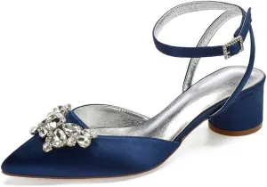TarfiC Wedding Shoes for Bride Low Heel Women Bridal Shoes Closed Toe Rhinestones Pointed Toe Block Heels Buckle Satin Wedding Bridal Court Shoes