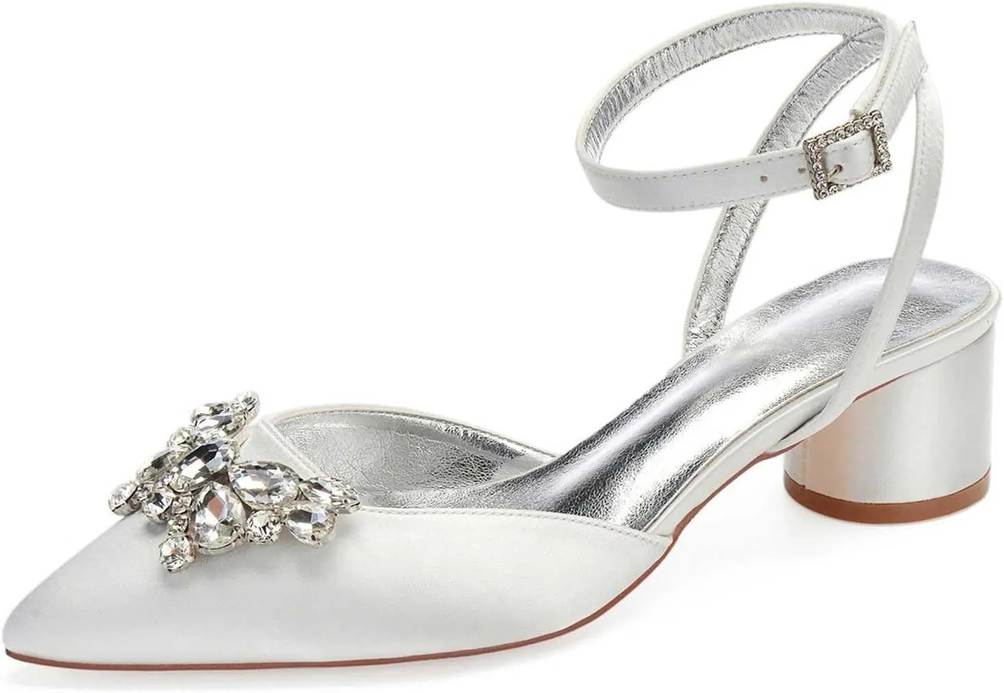 TarfiC Wedding Shoes for Bride Low Heel Women Bridal Shoes Closed Toe Rhinestones Pointed Toe Block Heels Buckle Satin Wedding Bridal Court Shoes